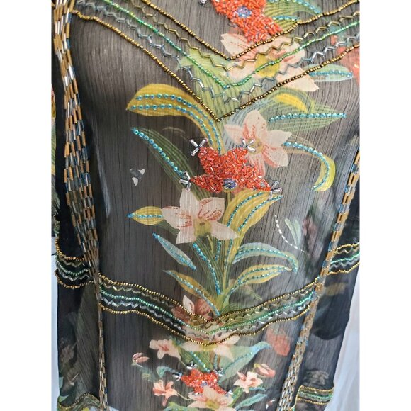 Alberto Makali Sheer Tunic Top Women Size XL Floral Beaded Art Boho Lagenlook - Picture 3 of 12